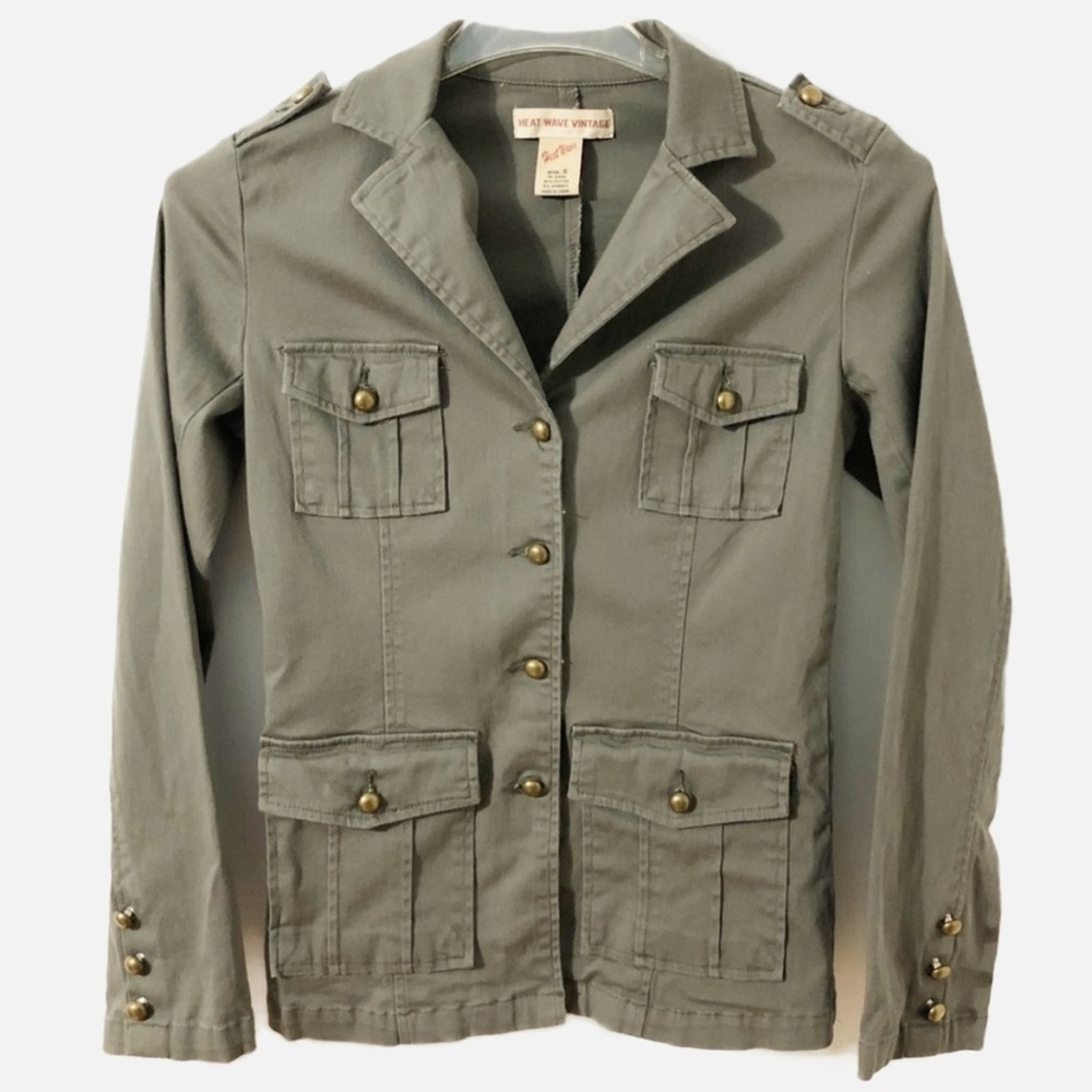 Heat Wave Vintage Button Front Military Style Jacket Brass Toned Buttons Pockets